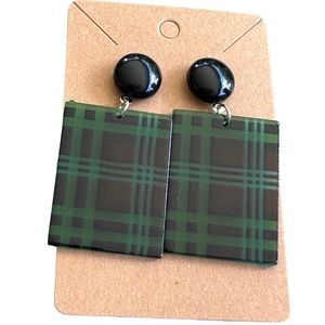 Black and Green Plaid Drop Earrings